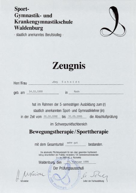 1995 Zeugnis Sport Therapeut